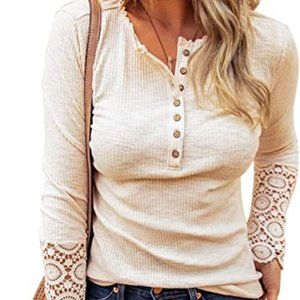 Womens Casual V Neck Lace Crochet Long Sleeve Tunic Tops Ribbed Knit Button XL